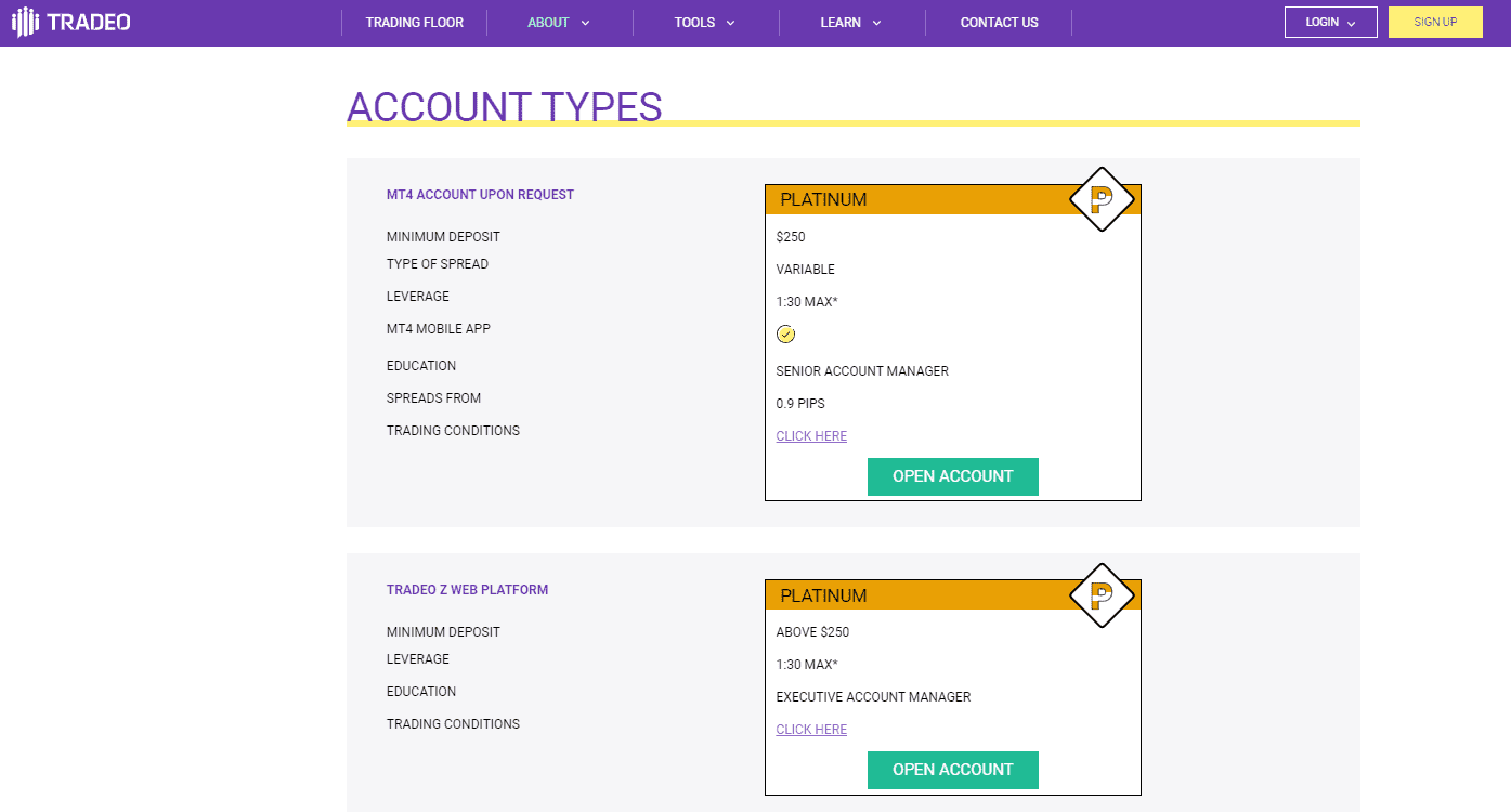 Tipi di conto di Tradeo Tipi di conto di Tradeo